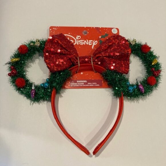 NEW Disney Minnie Mouse Christmas Ears Headband - Red Sequin Bow / Wreath Ears - Picture 1 of 2